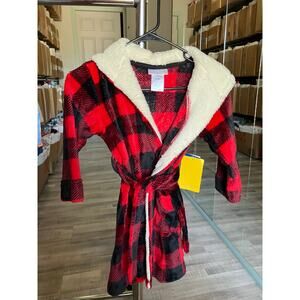 Fleece Long Sleeve Knee Length Robe, Color: Red Plaid Size XS(4/5)